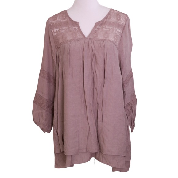 NWT Boho Mauve FLOWY 3/4 Sleeve Lace and linen Peasant Blouse Large Studio JPR - Picture 1 of 16